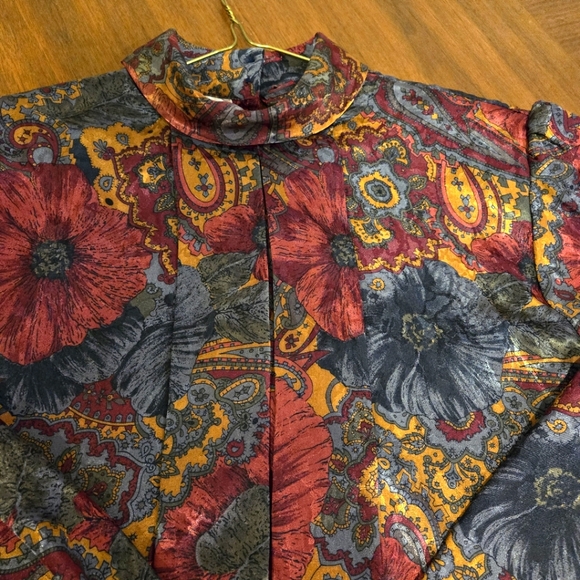 EJ Harprr Long Sleeve Blouse, Wine, Gold, Grey Flower Print, Size 12 - Picture 3 of 4